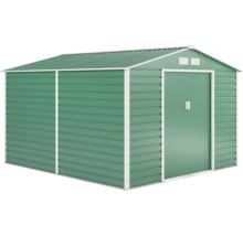 Zelený kovový záhradný domček so sedlovou strechou a dvojitými posuvnými dverami.