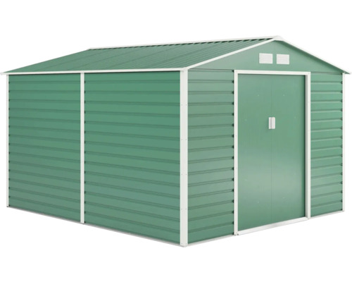 Zelený kovový záhradný domček so sedlovou strechou a dvojitými posuvnými dverami.