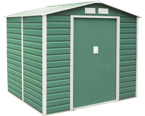 Zelený kovový záhradný domček so sedlovou strechou, posuvnými dverami a dvoma vetracími otvormi nad dverami.