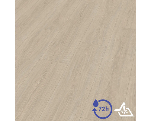 Laminátová podlaha vo vzhľade duba s realistickou kresbou dreva, vodeodolná po dobu 72 hodín, povrch odolný proti poškriabaniu.