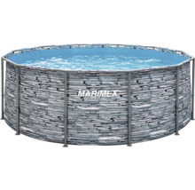 Okrúhly bazén s rámovou konštrukciou Marimex s motívom kameňa a sivým kovovým rámom, naplnený vodou.