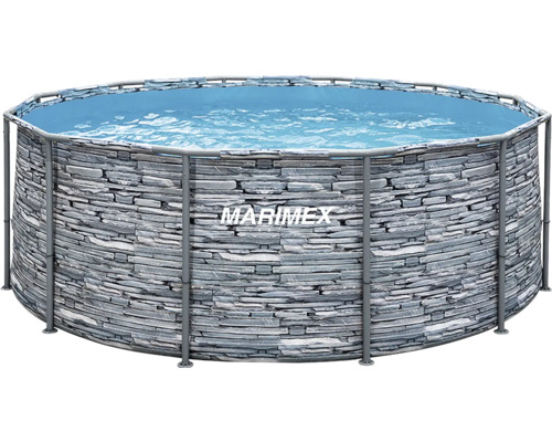 Nadzemný bazén Marimex Florida 3,66x1,22 m bez príslušenstva motív kameň Okrúhly bazén s rámovou konštrukciou Marimex s motívom kameňa a sivým kovovým rámom, naplnený vodou.