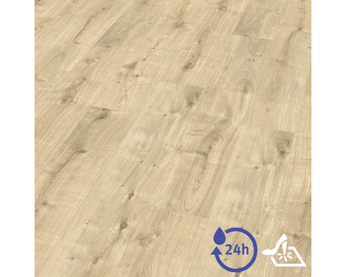 Laminátová podlaha so vzhľadom svetlého duba s hrčami, vodoodolná až 24 hodín a vysoko odolná.