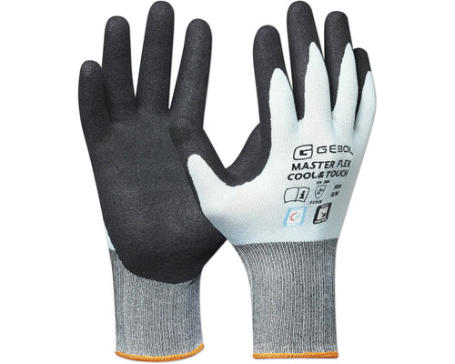 Montážne rukavice Gebol Master Flex Cool & Touch v sivej a čiernej farbe, veľkosť 8, bezšvový úplet s nitrilovým povrchom a funkciou touch.