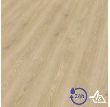 Laminátová podlaha so vzhľadom dubu so štruktúrovaným povrchom, odolná voči vode po dobu 24 hodín a odolná voči nárazu.