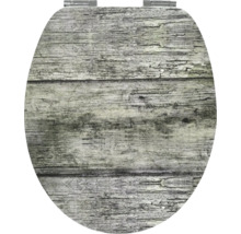 WC sedadlo z MDF s rustikálnym dreveným dekorom a kovovými pántmi.