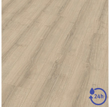 Laminátová podlaha s drevenou štruktúrou a 24-hodinovou ochranou proti vode.