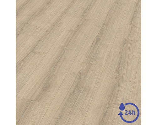 Laminátová podlaha s drevenou štruktúrou a 24-hodinovou ochranou proti vode.