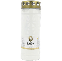 Biela hrobová sviečka Hofer Friedlicht so zlatým kovovým vekom a logom Hofer.