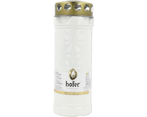 Biela hrobová sviečka Hofer Friedlicht so zlatým kovovým vekom a logom Hofer.