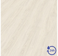 Laminátová podlaha s textúrou dreva a symbolom pre 24-hodinovú odolnosť voči vode.