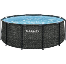 Okrúhly bazén Marimex s konštrukciou, tmavosivým ratanovým vzorom, modrou vnútornou mozaikou a čiernym kovovým rámom.