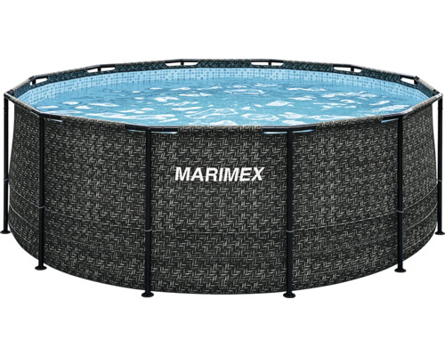 Okrúhly bazén Marimex s konštrukciou, tmavosivým ratanovým vzorom, modrou vnútornou mozaikou a čiernym kovovým rámom.