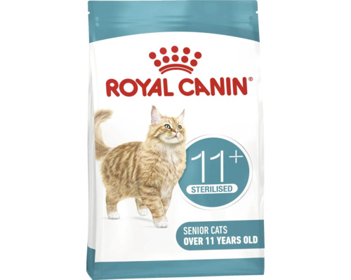 Krmivo pre mačky Royal Canin pre sterilizované mačacie seniory nad 11 rokov s vyobrazením mramorovanej mačky.