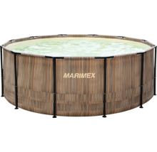 Nadzemný bazén Marimex v dekore dreva s čiernym kovovým rámom, naplnený vodou.