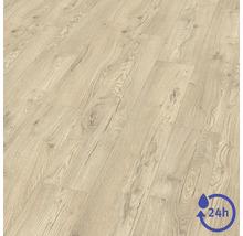 Laminátová podlaha vo svetlom dekore dreva s textúrou a hrčami. Označenie pre 24-hodinovú odolnosť voči vode.