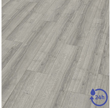 Laminátová podlaha v sivom dekore dreva s 24-hodinovou ochranou proti vode.