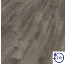 Laminátová podlaha so vzhľadom tmavého duba so štruktúrovaným povrchom a 24 hodinovou odolnosťou proti vode.