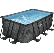 Obdĺžnikový nadzemný bazén Marimex v šedom ratanovom vzhľade s kovovým rámom a modrou mozaikovou fóliou, naplnený vodou. Marimex Logo.