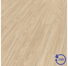 Laminátová podlaha so vzhľadom svetlého duba, štruktúrou sedliackej dosky a symbolom 24-hodinovej ochrany proti vode.
