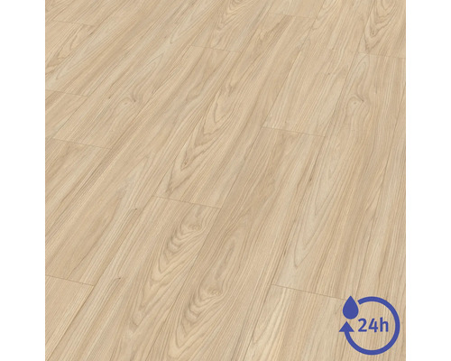 Laminátová podlaha so vzhľadom svetlého duba, štruktúrou sedliackej dosky a symbolom 24-hodinovej ochrany proti vode.