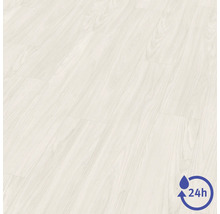 Laminátová podlaha vo vzhľade svetlého dreva so symbolom pre 24-hodinovú odolnosť voči vode.