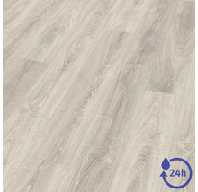 Laminátová podlaha s dekorom dreva a dvadsaťštyrihodinovou odolnosťou voči vode.