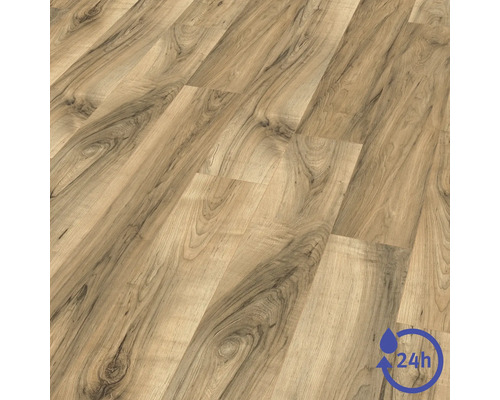 Laminátová podlaha so vzhľadom duba s prirodzenou textúrou dreva a symbolom pre 24-hodinovú odolnosť voči vode.