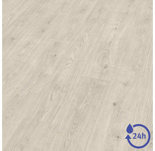 Laminátová podlaha vo svetlom drevenom dekore s viditeľnou štruktúrou a symbolom pre ochranu proti vode po dobu 24 hodín.