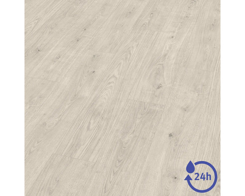 Laminátová podlaha vo svetlom drevenom dekore s viditeľnou štruktúrou a symbolom pre ochranu proti vode po dobu 24 hodín.