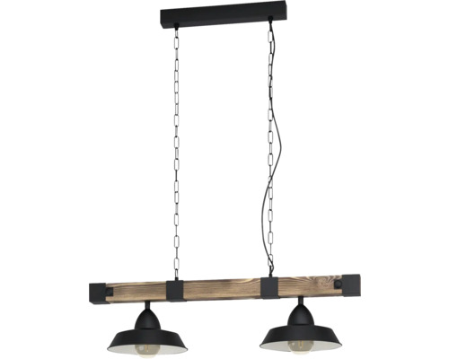Závesné svietidlo s dvomi žiarovkami v industriálnom štýle s dreveným trámom a čiernymi kovovými tienidlami na reťaziach.