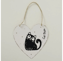 Závesná dekorácia v tvare srdca s ilustráciou čiernej mačky, malými srdiečkami a nápisom Cat Mom na jutovom špagáte.