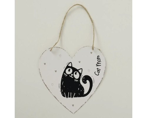 Závesná dekorácia v tvare srdca s ilustráciou čiernej mačky, malými srdiečkami a nápisom Cat Mom na jutovom špagáte.