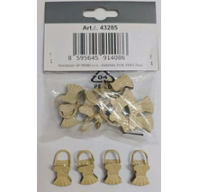 Sada béžových kovových štipcov na záclony s ozdobným vejárovým dizajnom a závesným očkom v priehľadnom obale.