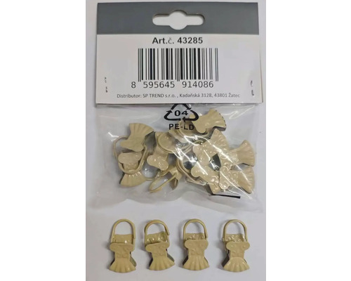 Sada béžových kovových štipcov na záclony s ozdobným vejárovým dizajnom a závesným očkom v priehľadnom obale.