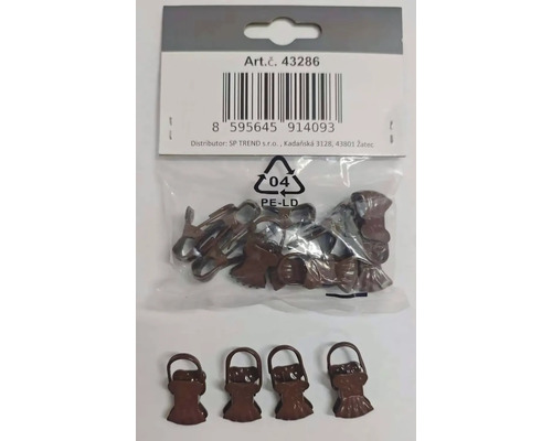 Hnedé štipce na záclony s očkom, balenie v plastovom vrecku.