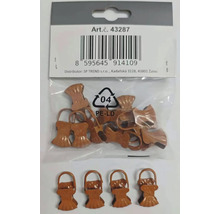 Sada hnedých kovových žabiek na záclony s dekoratívnym mušľovitým tvarom a závesným očkom.