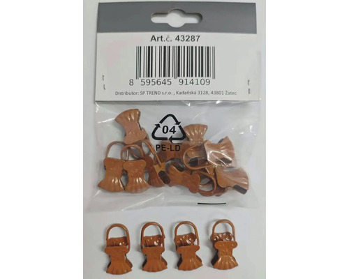 Sada hnedých kovových žabiek na záclony s dekoratívnym mušľovitým tvarom a závesným očkom.