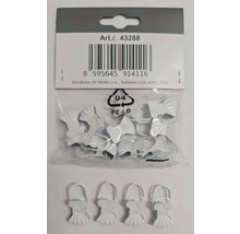 Biele kovové štipce na záclony s krúžkami, čiastočne v balení.