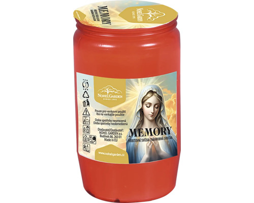 Náhrobná sviečka Memory s vyobrazením Panny Márie Nohel Garden v červenom plastovom obale.