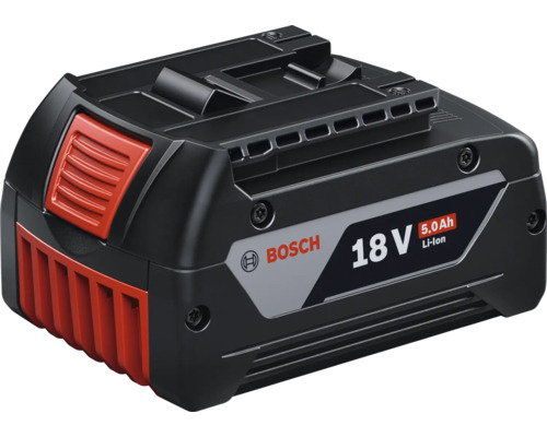 Akumulátor Bosch Professional GBA 18V 5,0 Ah, 1600A002U5 Akumulátor Bosch 18 Voltov 5,0 Ampérhodín Lítium-Iónový v čiernej a červenej farbe.