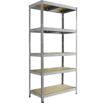 Kovový regál s piatimi drevenými policami na vysoké zaťaženie do dielne alebo pivnice.