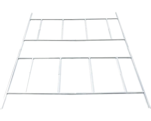 Kovový základový rám pre záhradné domčeky so stabilizačnými priečkami.