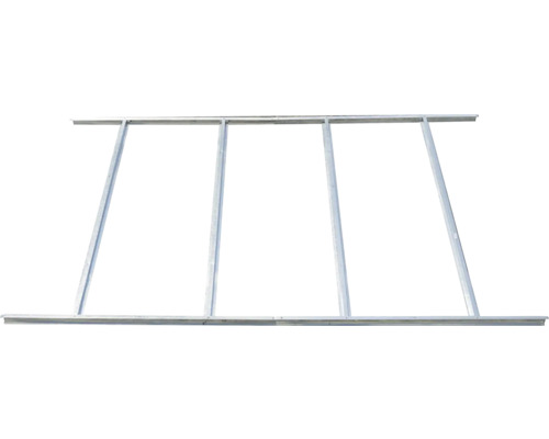 Podlahový rám pre záhradný domček z kovu, obdĺžniková konštrukcia s priečnymi vzperami.