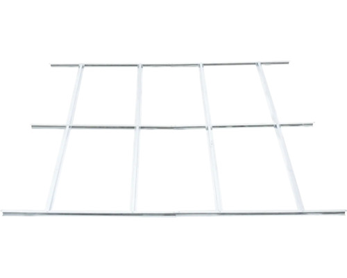 Biela kovová mriežková konštrukcia pre systémy zavesených podhľadov, pozostávajúca z pozdĺžnych a priečnych profilov.