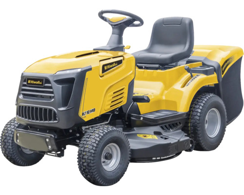 Záhradný traktor Riwall RLT 92 HRD v žlto-čiernom prevedení so zberným košom.