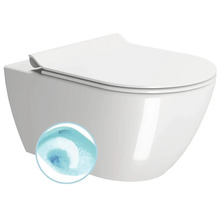 Biele závesné WC z keramiky vrátane WC sedadla s pomalým zatváraním, bezokrajové prevedenie s detailom technológie splachovania.