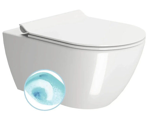 Biele závesné WC z keramiky vrátane WC sedadla s pomalým zatváraním, bezokrajové prevedenie s detailom technológie splachovania.