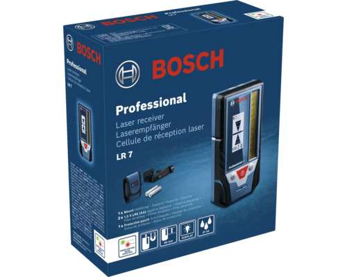 Súprava laserového prijímača Bosch Professional LR 7 s držiakom, batériami a puzdrom, ochrana proti prachu a striekajúcej vode IP 54.