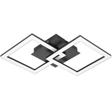 Moderné stropné LED svietidlo pozostávajúce z dvoch do seba zapadajúcich štvorcových rámov v čiernej a bielej farbe.